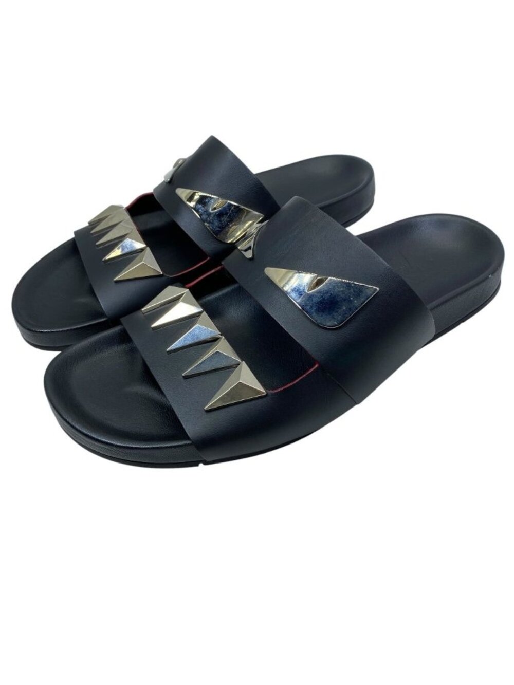 Fendi Monster Slide Sandals Metal Studs Leather Black Silver High Quality Daily